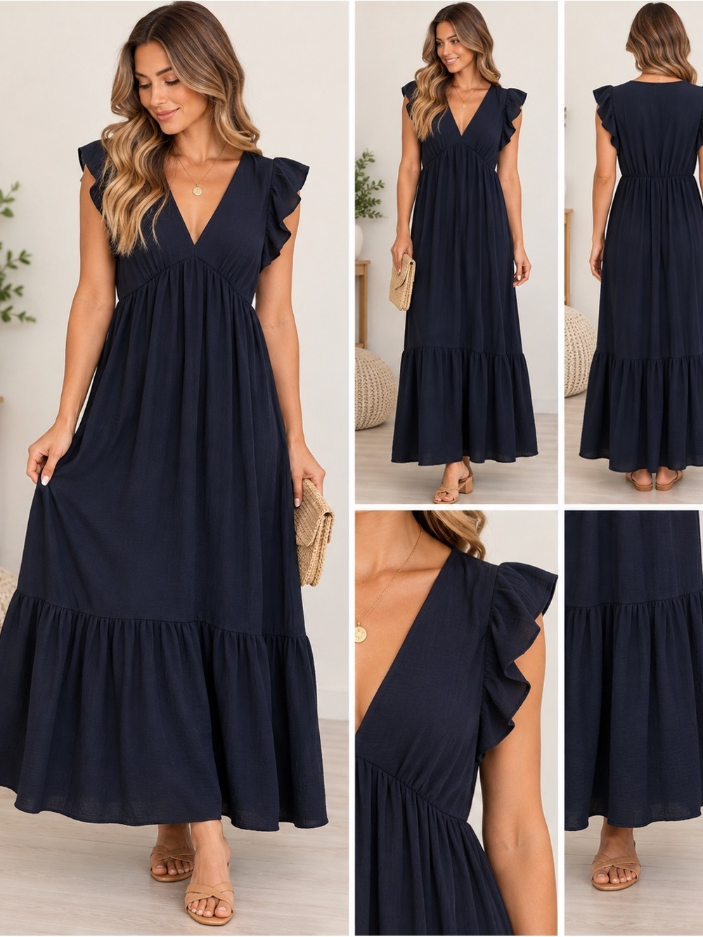 Betsey’s Boutique Shop Navy Blue Maxi Dress M Ruffle Sleeve Tiered Boho
